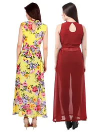 Women Yellow Flower Print  Maroon Solid Front Slit Maxi Dress-thumb3