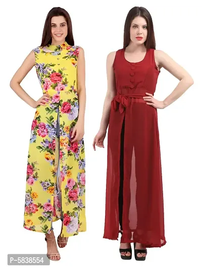 Women Yellow Flower Print  Maroon Solid Front Slit Maxi Dress