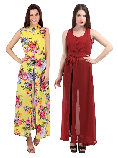 Women Flower Print Solid Front Slit Maxi Dress