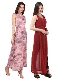 Women Pink Flower Print  Maroon Solid Front Slit Maxi Dress-thumb2