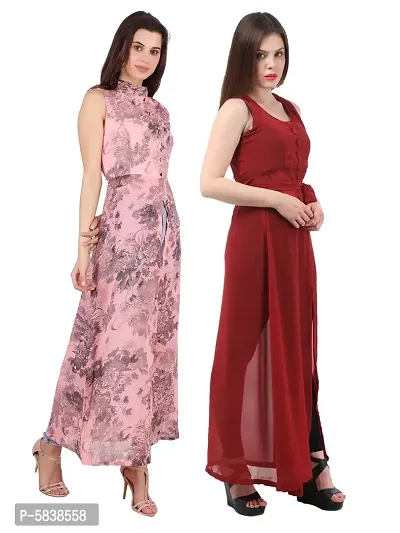 Women Pink Flower Print  Maroon Solid Front Slit Maxi Dress-thumb3
