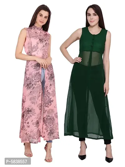 Women Pink Flower Print  Green Solid Front Slit Maxi Dress