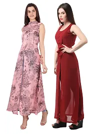 Women Pink Flower Print  Maroon Solid Front Slit Maxi Dress-thumb1