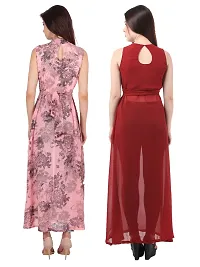 Women Pink Flower Print  Maroon Solid Front Slit Maxi Dress-thumb3
