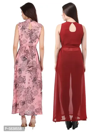 Women Pink Flower Print  Maroon Solid Front Slit Maxi Dress-thumb4