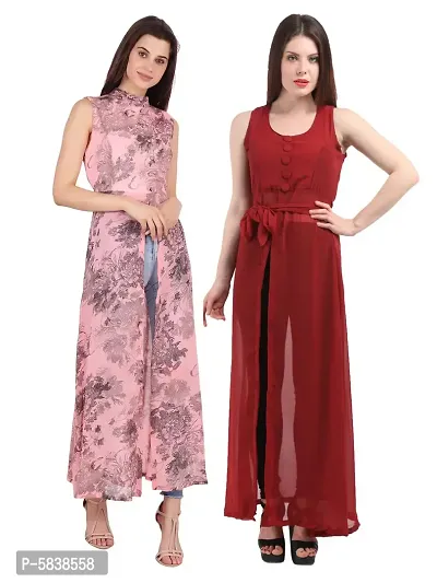 Women Pink Flower Print  Maroon Solid Front Slit Maxi Dress-thumb0