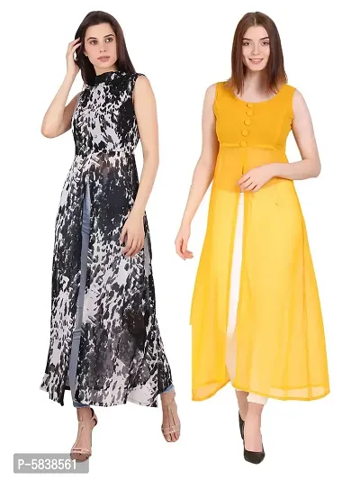 Women Black Flower Print  Yellow Solid Front Slit Maxi Dress