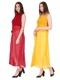 Women Maroon  Yellow Solid Front Slit Maxi Dress-thumb1