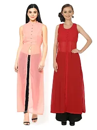 Women Peach  Maroon Solid Front Slit Maxi Dress-thumb3
