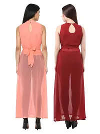 Women Peach  Maroon Solid Front Slit Maxi Dress-thumb2