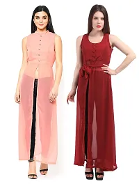 Women Peach  Maroon Solid Front Slit Maxi Dress-thumb3