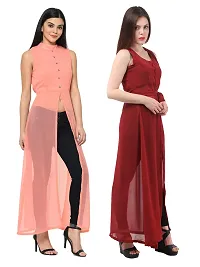 Women Peach  Maroon Solid Front Slit Maxi Dress-thumb1