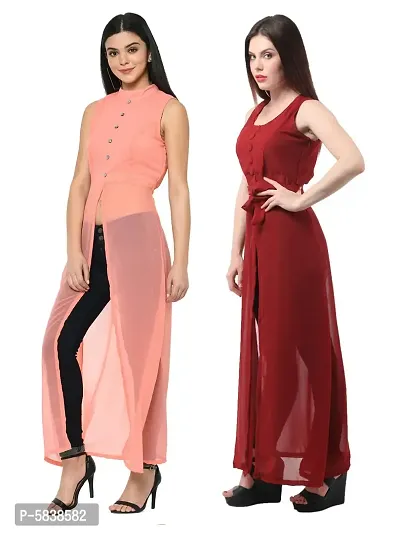 Women Peach  Maroon Solid Front Slit Maxi Dress