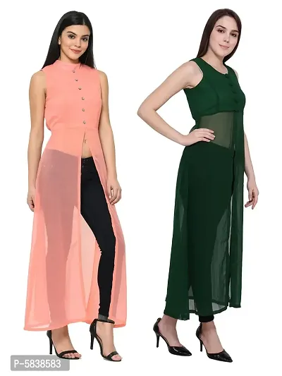 Women Peach  Green Solid Front Slit Maxi Dress-thumb2