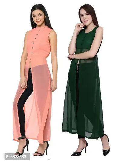 Women Peach  Green Solid Front Slit Maxi Dress-thumb0