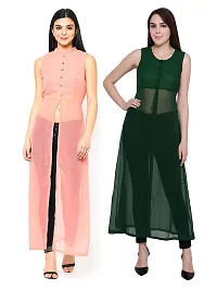 Women Peach  Green Solid Front Slit Maxi Dress-thumb3