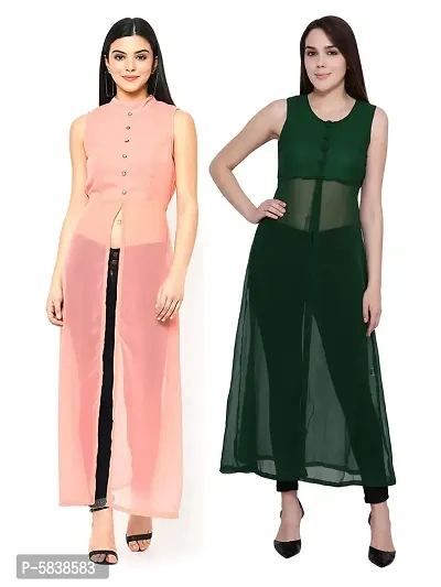 Women Peach  Green Solid Front Slit Maxi Dress-thumb4