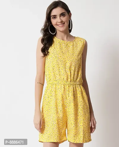 Stylish Yellow Crepe Floral Print Sleeveless Summer Short Jumpsuit For Women