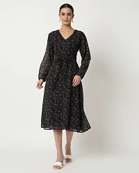 Stylish Black Georgette Floral Printed Fit And Flare Dress For Women-thumb1