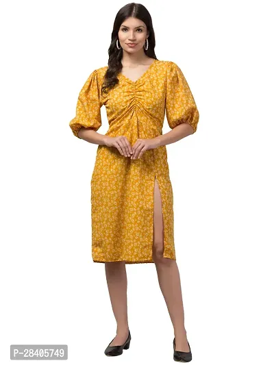 Stylish Mustard Crepe Printed Fit And Flare Dress For Women-thumb0