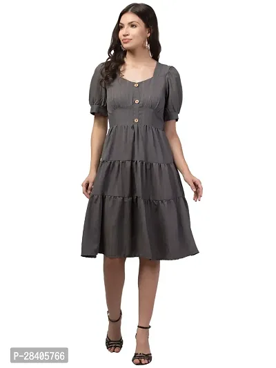 Stylish Grey Polycotton Solid Fit And Flare Dress For Women