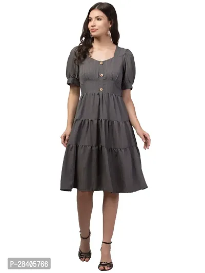 Stylish Grey Polycotton Solid Fit And Flare Dress For Women-thumb0