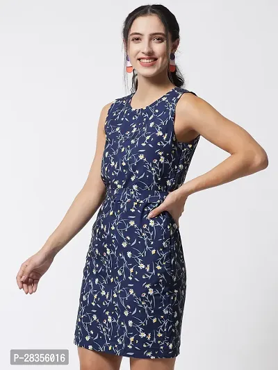 Stylish Navy Blue Crepe Printed A-Line Dress For Women-thumb2