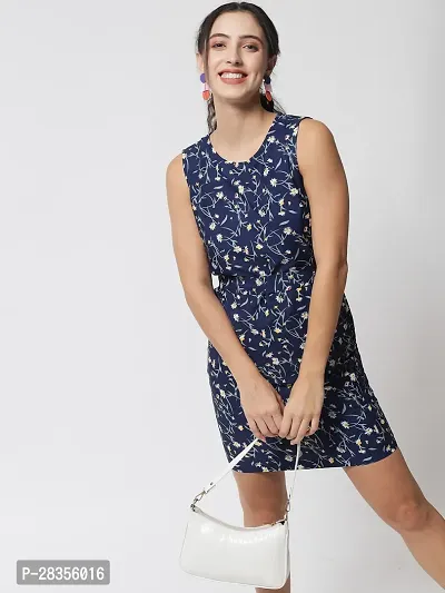 Stylish Navy Blue Crepe Printed A-Line Dress For Women-thumb5