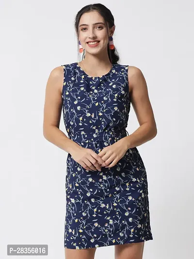 Stylish Navy Blue Crepe Printed A-Line Dress For Women