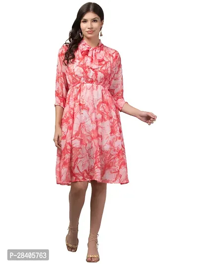 Stylish Red Georgette Floral Printed Fit And Flare Dress For Women