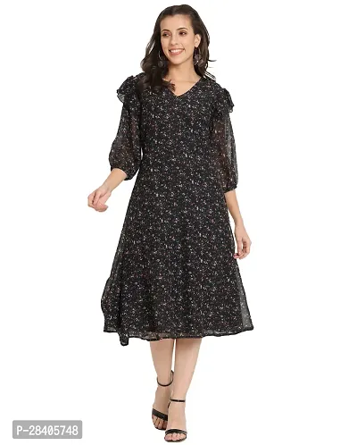 Stylish Black Georgette Floral Printed Fit And Flare Dress For Women