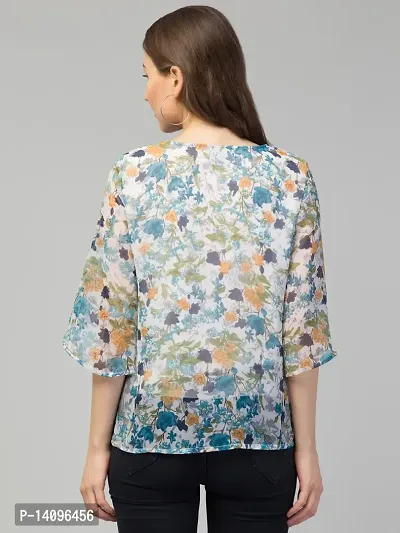 Women Blue Color Floral Print Round Neck Casual Top-thumb3