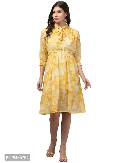 Stylish Yellow Georgette Floral Printed Fit And Flare Dress For Women-thumb0