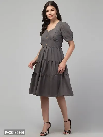 Stylish Grey Polycotton Solid Fit And Flare Dress For Women-thumb3