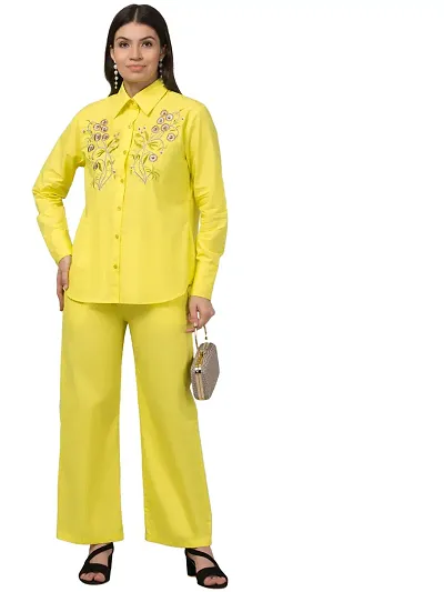 Stylish Yellow Cotton Embroidered Co-Ords Sets For Women