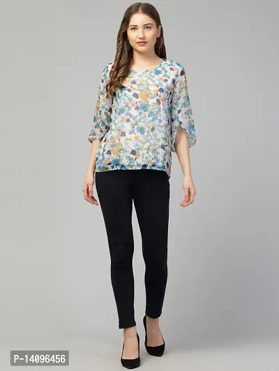 Women Blue Color Floral Print Round Neck Casual Top-thumb5