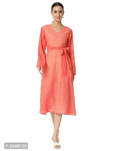 Stylish Peach Georgette Dotted Fit And Flare Dress For Women