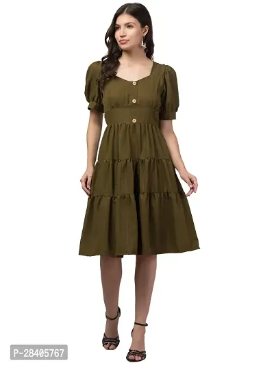 Stylish Olive Polycotton Solid Fit And Flare Dress For Women