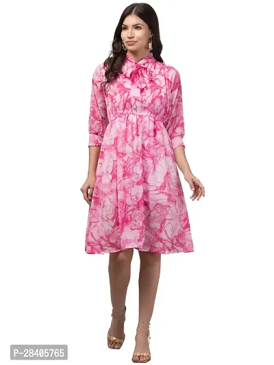 Stylish Pink Georgette Floral Printed Fit And Flare Dress For Women