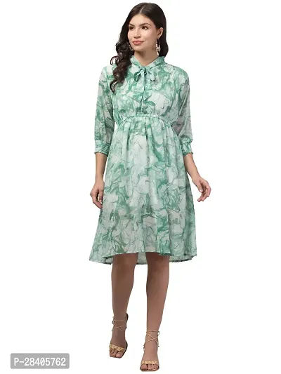 Stylish Green Georgette Floral Printed Fit And Flare Dress For Women