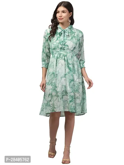 Stylish Green Georgette Floral Printed Fit And Flare Dress For Women-thumb0