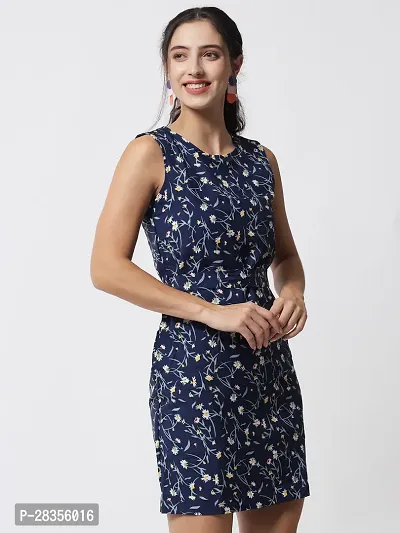 Stylish Navy Blue Crepe Printed A-Line Dress For Women-thumb3