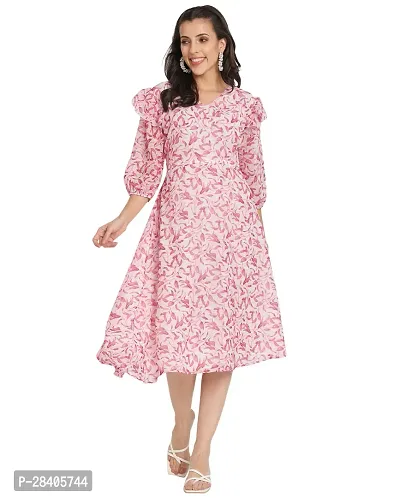 Stylish Pink Georgette Printed Fit And Flare Dress For Women