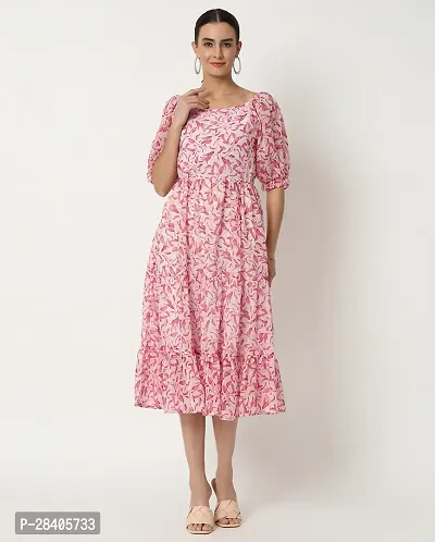 Stylish Pink Georgette Floral Printed Fit And Flare Dress For Women-thumb2