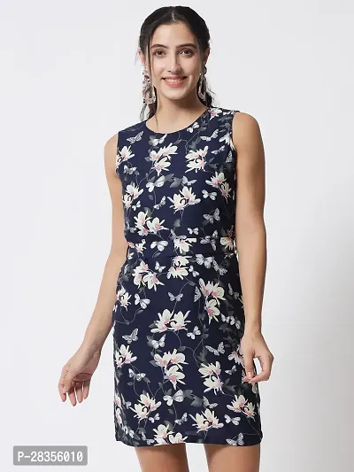 Stylish Navy Blue Crepe Printed A-Line Dress For Women
