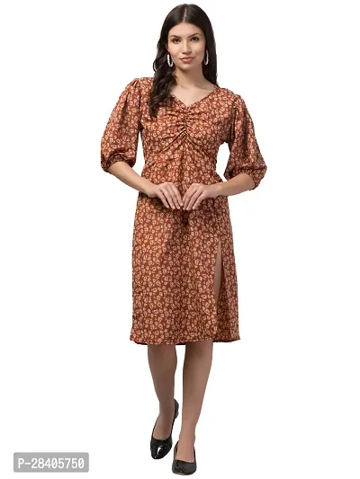 Stylish Brown Crepe Printed Fit And Flare Dress For Women