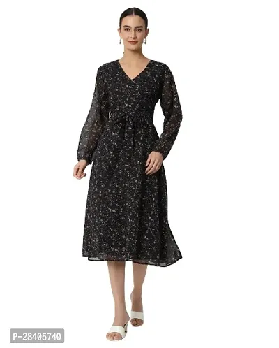 Stylish Black Georgette Floral Printed Fit And Flare Dress For Women