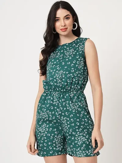Womens Green Color Floral Print Sleeveless Summer Short Dress