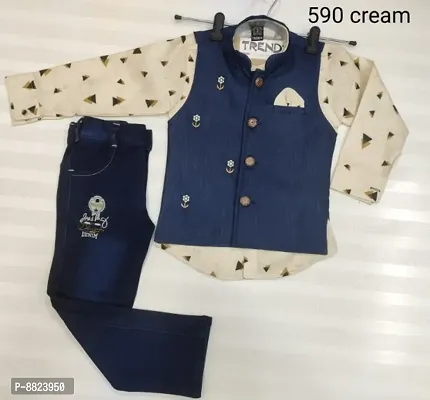 Stylish Cotton Printed Shirt with Denim Jeans And Jacket Set For Boys