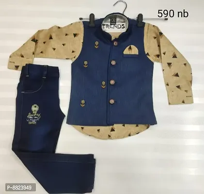 Stylish Cotton Printed Shirt with Denim Jeans And Jacket Set For Boys